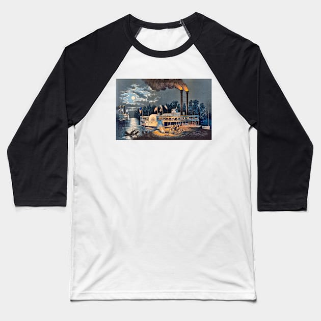 Steamboat Wooding Up on the Mississippi 1863 Frances Flora Bond Palmer Baseball T-Shirt by rocketshipretro